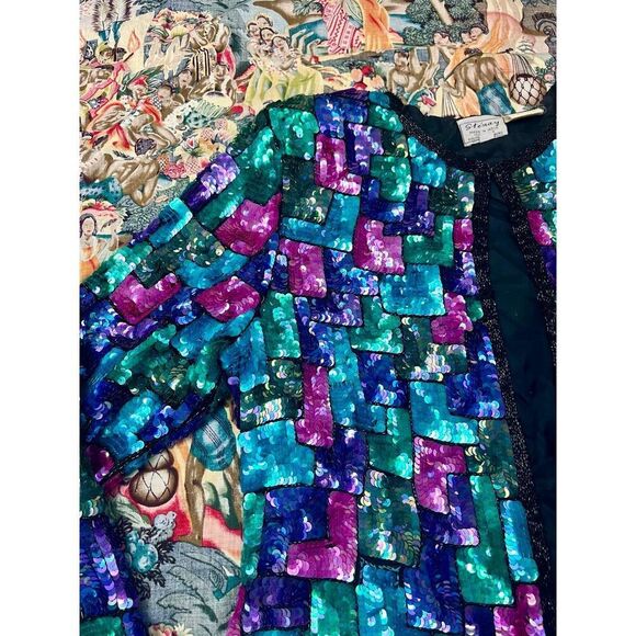 Vtg 80s Stenay Sequin Beaded Multi Colored Black Cardigan Sweater Jacket Sz M/L - Picture 3 of 8